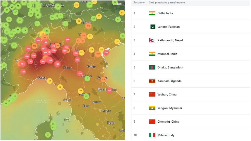 La situazione in tempo reale dell'aria in pianura padana secondo il sito IqAir