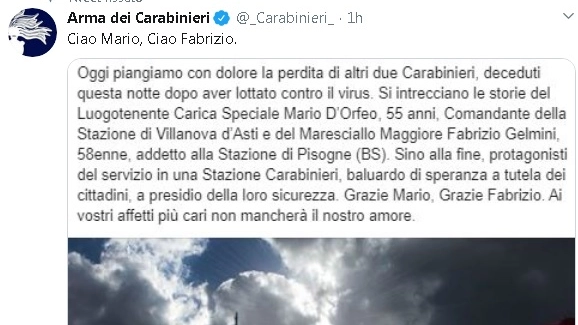 Il tweet dell'Arma dei Carabinieri