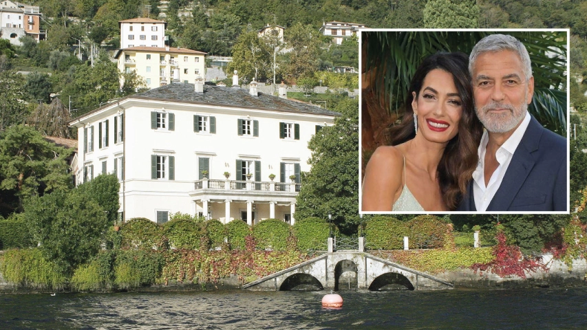 Villa Oleandra a Laglio, e nel riquadro George Clooney e la moglie Amal