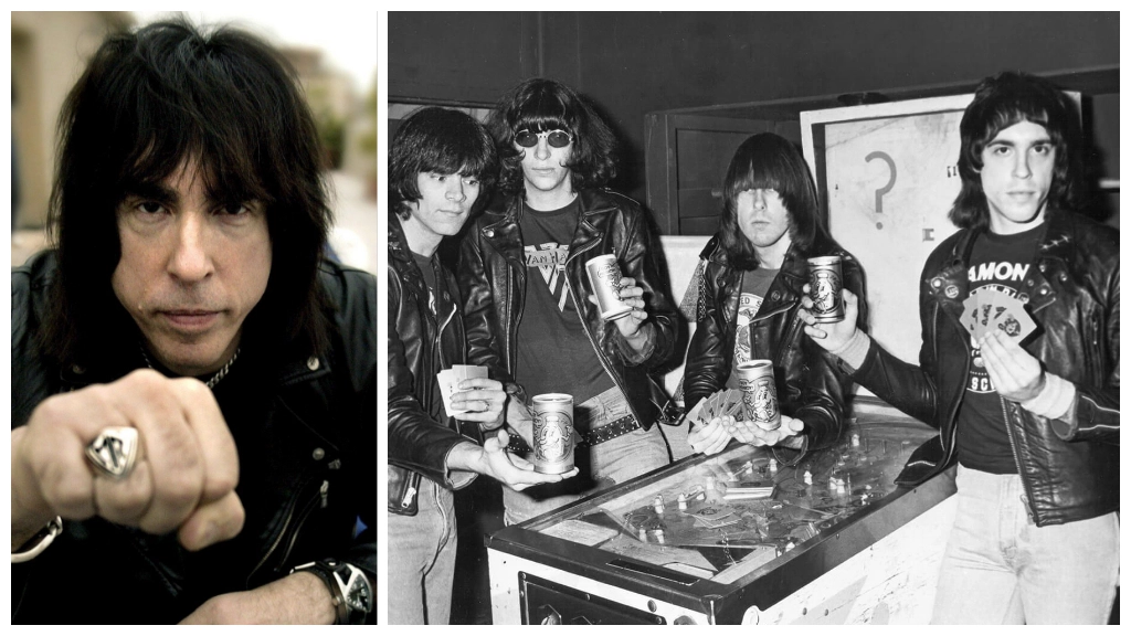 Marky Ramone; a destra, i Ramones con Marky (primo da destra)