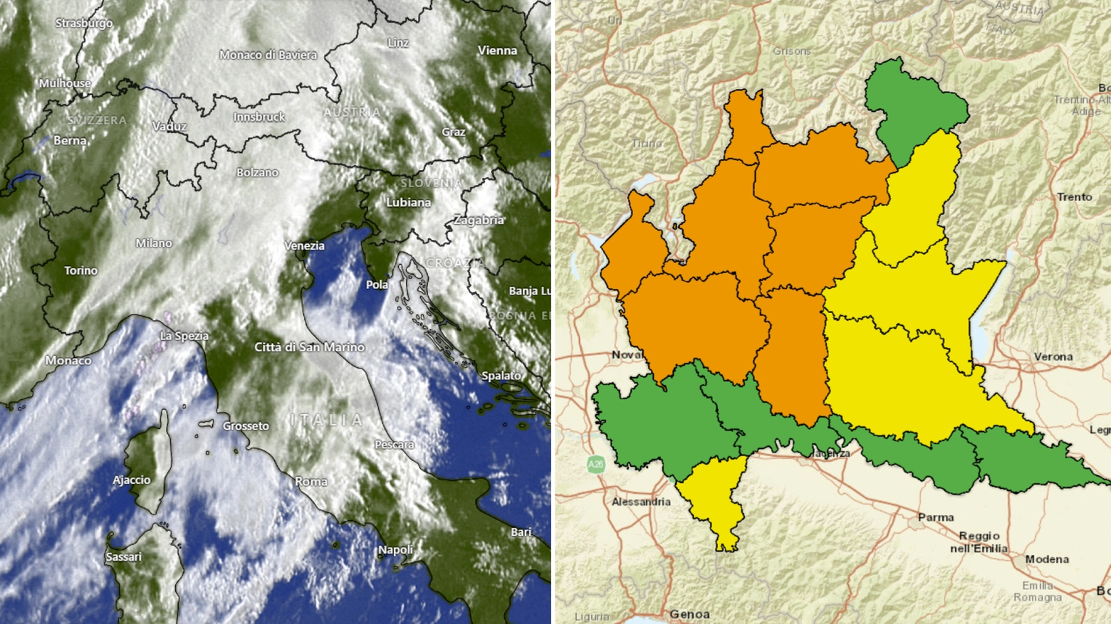 La perturbazione che sta investendo il Nord Italia (a sinistra) e l'allerta nella varie zone della Lombardia