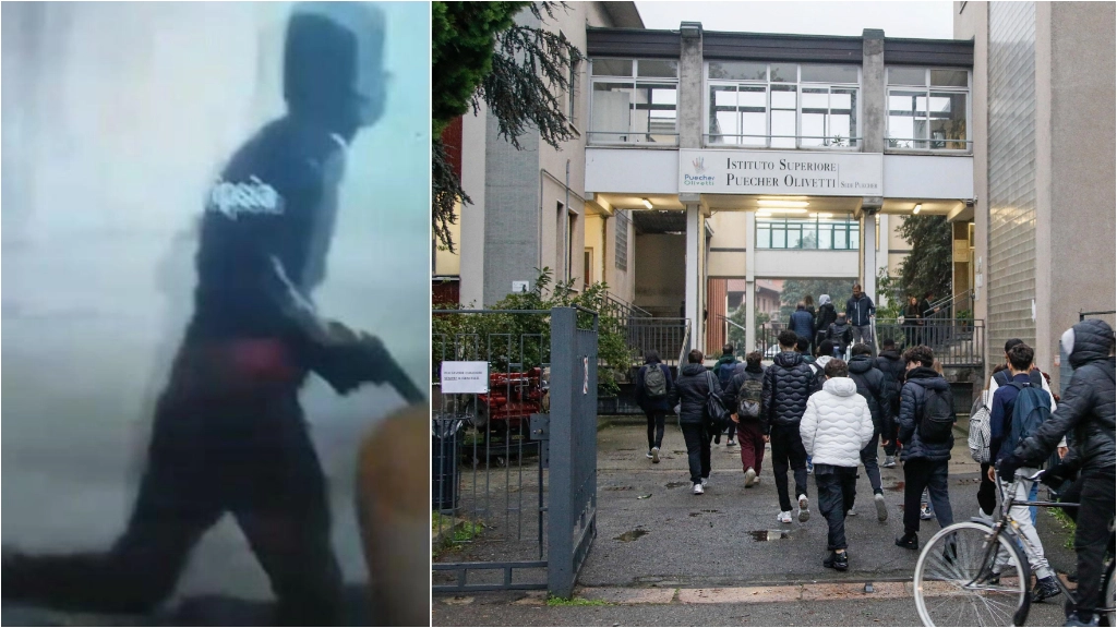 Un frame del video dell'assalto all'istituto Puecher di Rho. A destra, l'ingresso della scuola