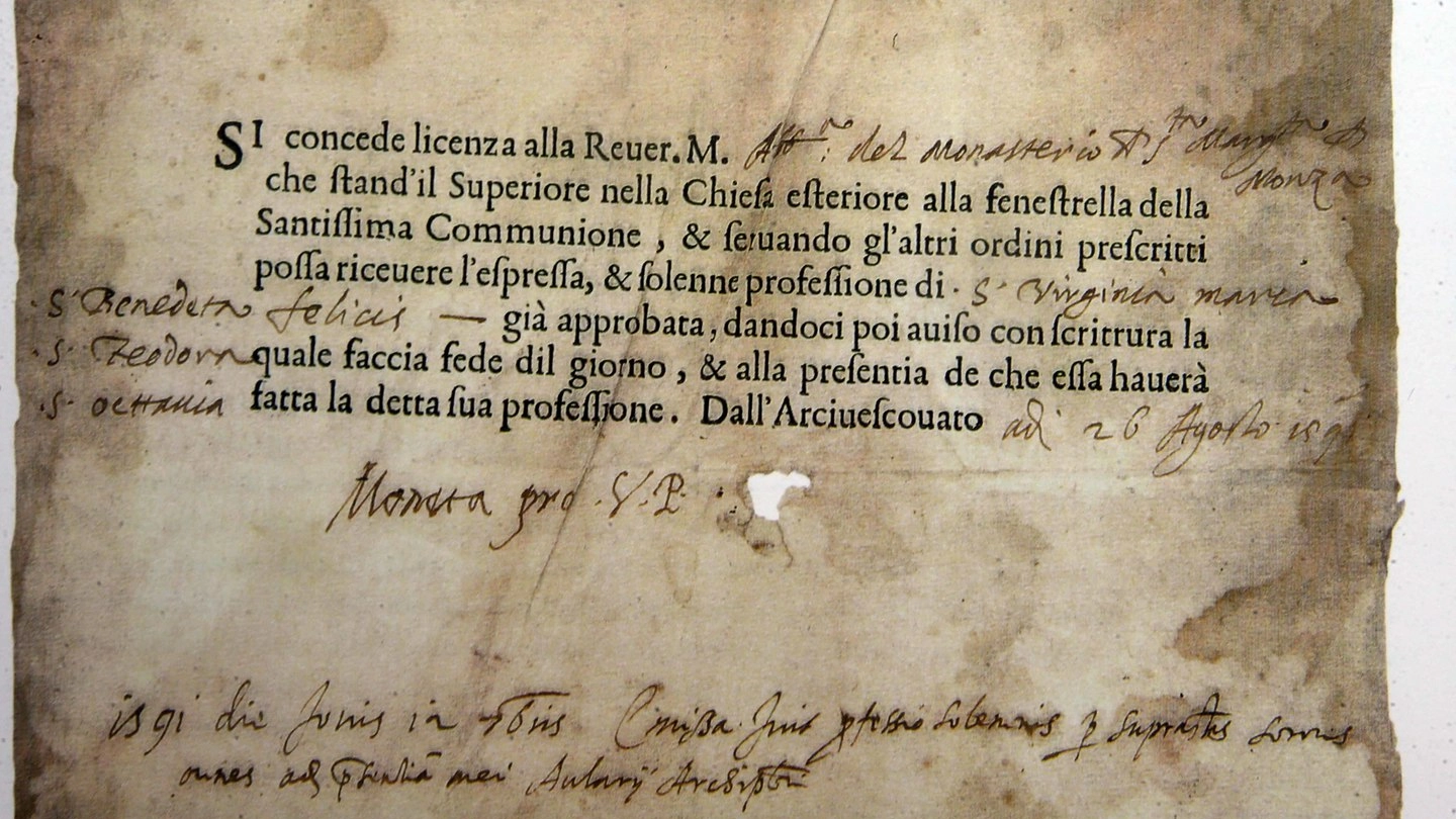 Lettera originale del 26 agosto 1591 per l’ingresso in convento di Maria Virginia De Leyva
