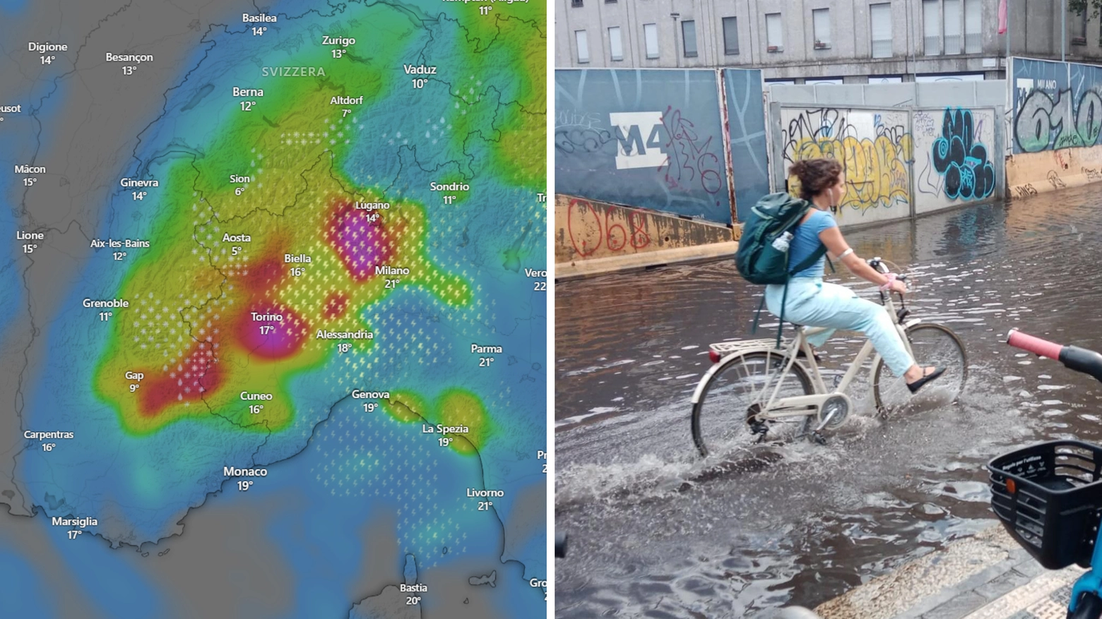 A sinistra, la mappa dei fulmini caduti sulla Lombardia e, a destra, Milano allagata