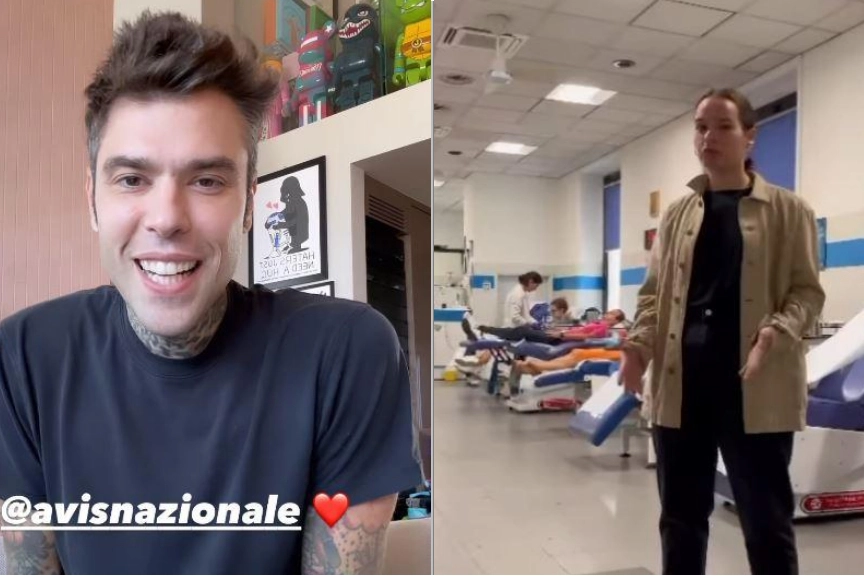 A sinistra Fedez, a destra la donatrice Giulia