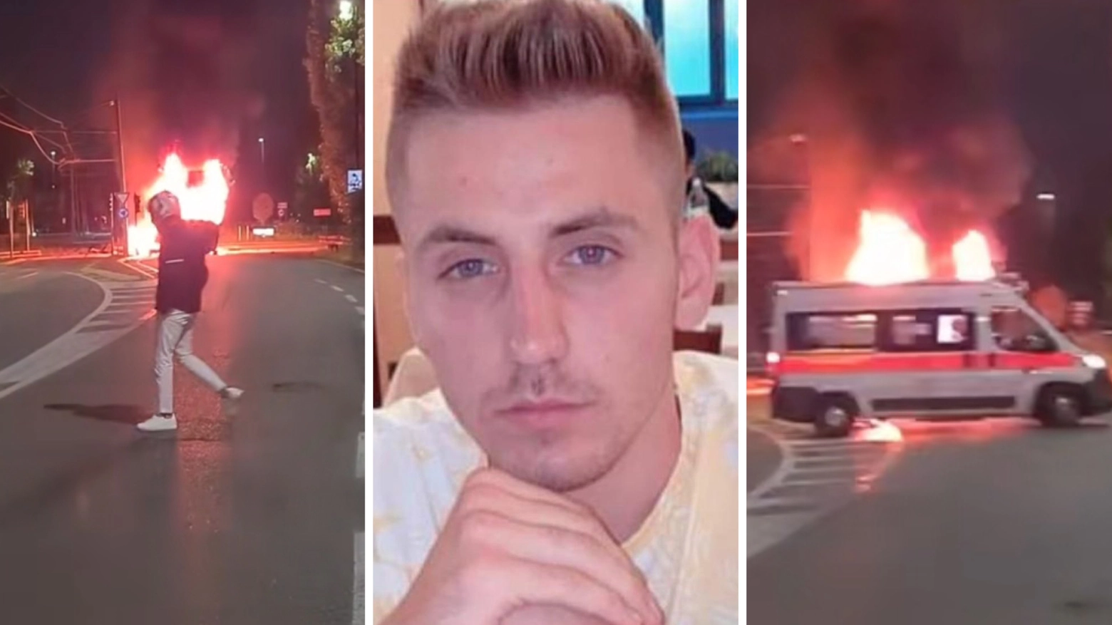 Arnold Selishta (al centro) e l'incendio scatenato dall'incidente