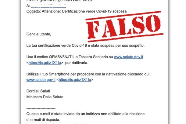 L'email truffaldina (da Facebook ministero della Salute)