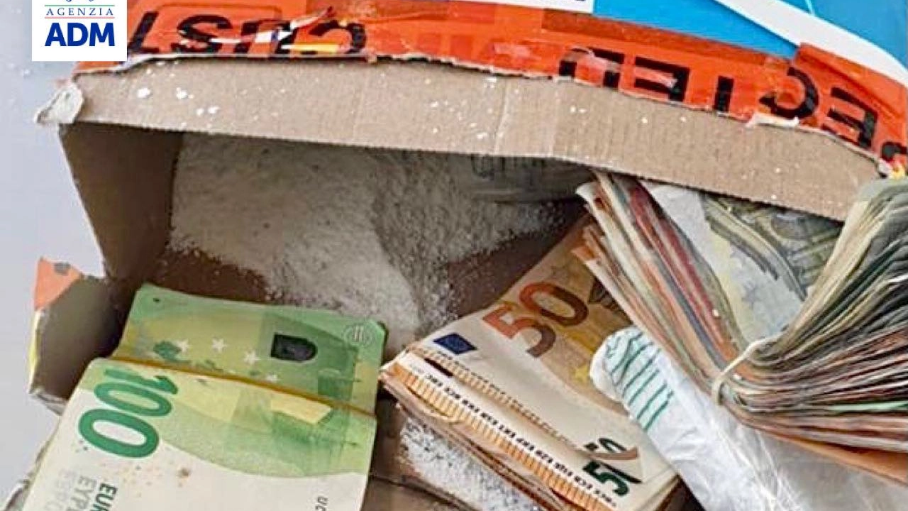 Malpensa, soldi nascosti nei fustini dei detersivi (Foto Agenzia Dogane e Monopoli-ADM)