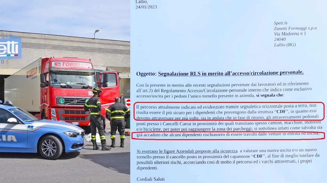 Operaio investito da camion alla Zanetti e a fianco la nota della Filcams Cgil che a gennaio aveva denunciato il rischio