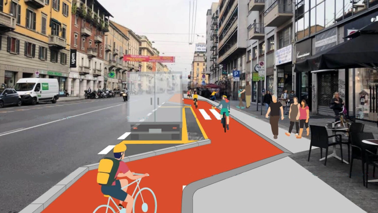 Il rendering della nuova pista ciclabile in Corso Buenos Aires a Milano