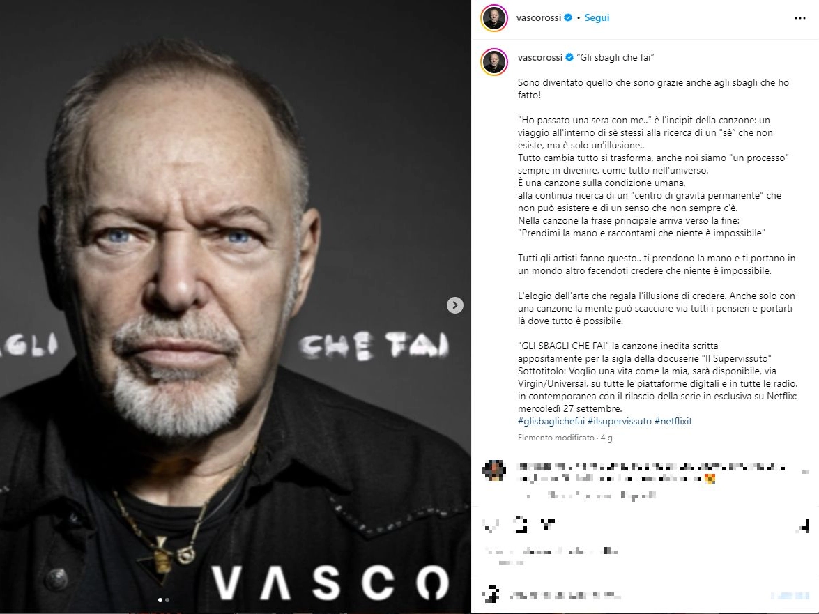Vasco Rossi e il nuovo singolo 'Gli sbagli che fai' (Foto Instagram)