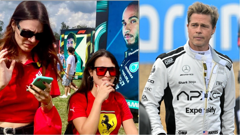 La Fan Zone a Monza; a destra, Brad Pitt