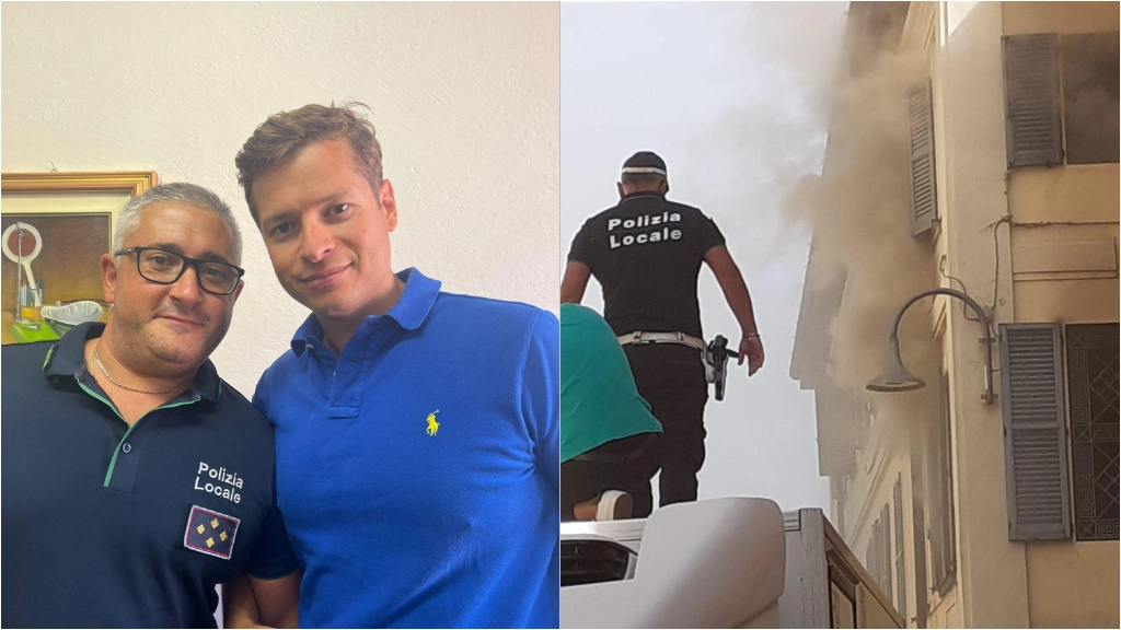 L'agente della polizia Locale di Iseo Giuseppe Scolaro e il maggiore della Gdf Domenico Lamarta. A destra, l'intervento per mettere in salvo i due ragazzi intrappolati nell'incendio L'agente della polizia Locale di Iseo Giuseppe Scolaro e il maggiore della Gdf Domenico Lamarta. A destra, l'intervento per mettere in salvo i due ragazzi intrappolati nell'incendio
