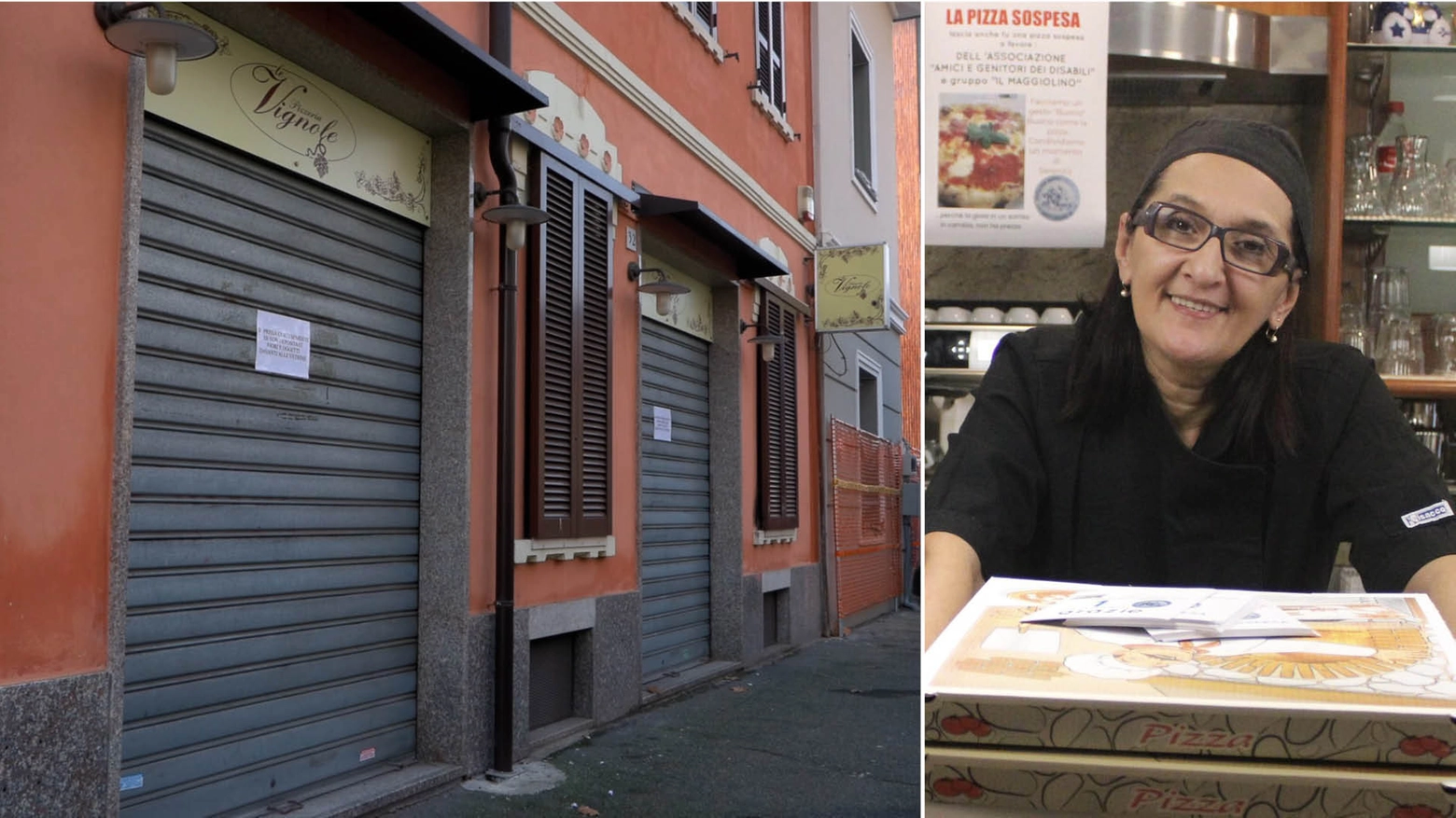Giovanna Pedretti e l'ingresso della sua pizzeria