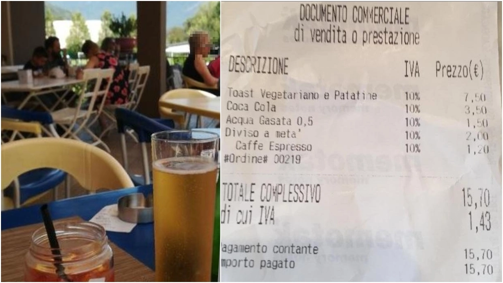 La foto del locale di Gera Lario pubblicata da un utente di TripAdvisor e lo scontrino con il sovrapprezzo per il toast diviso in due