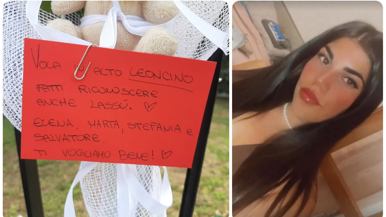 Sofia Castelli (Foto Instagram) e uno dei biglietti lasciati fuori dal condominio dove abitava