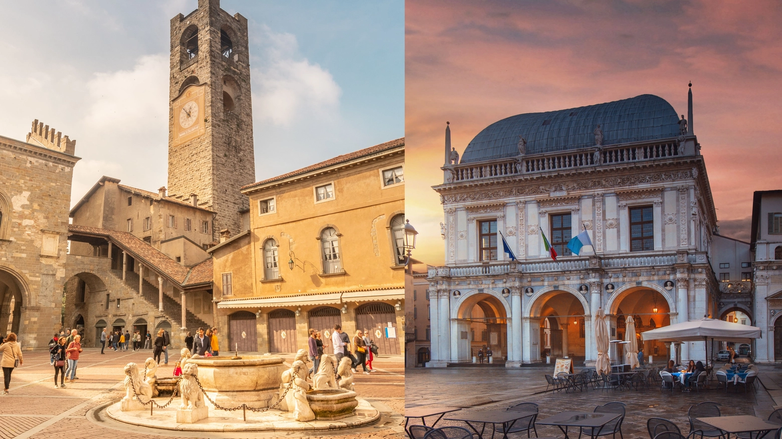 Piazza Vecchia e Bergamo (sin) e piazza della Loggia a Brescia (des)