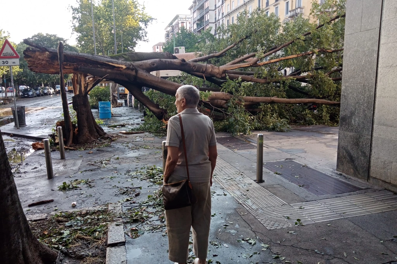 Passante osserva i danni del maltempo