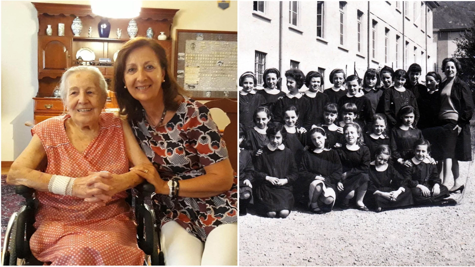 Una foto recente di Jolanda Vecchietti e una con i suoi vecchi alunni