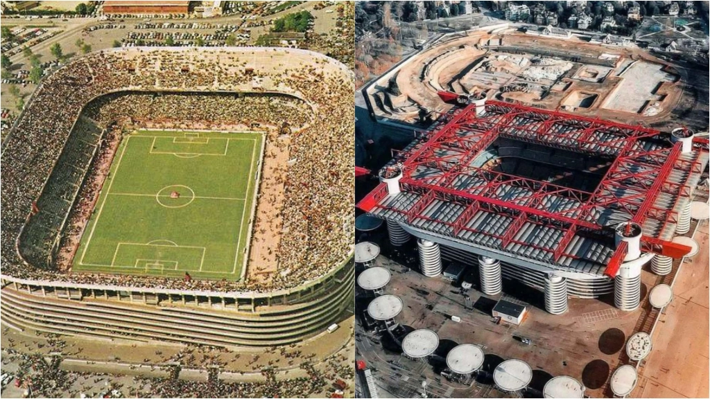 Lo stadio di San Siro prima e dopo la costruzione del terzo anello per i mondiali di Italia 90