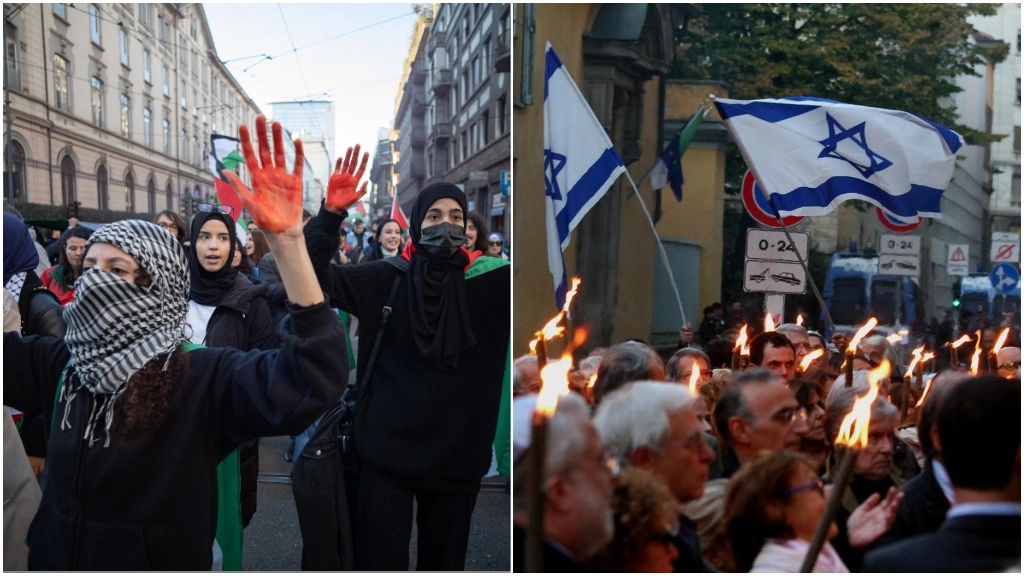 A sinistra, un corteo pro Palestina a Milano. A destra, il presidio per Israele davanti alla sinagoga in via Guastalla