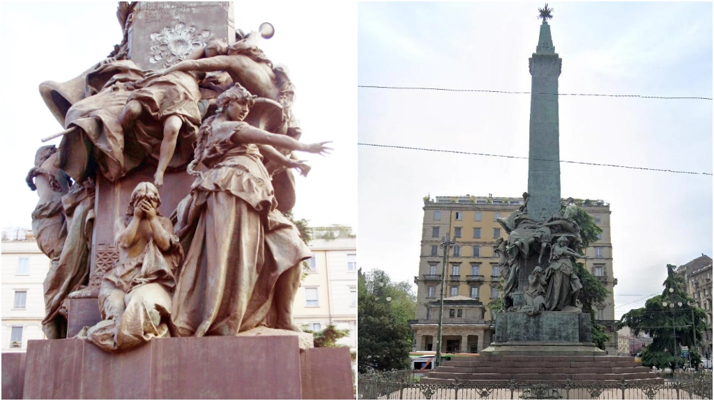 Il monumento alle Cinque Giornate firmato da Giuseppe Grandi. A sinistra, un particolare della base; a destra, una veduta dell'opera