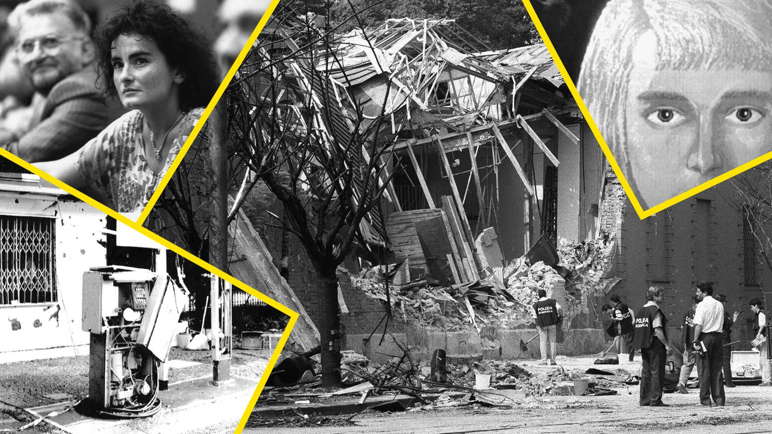 Il luogo dell'esplosione in via Palestro e (in alto a sinistra) il primo identikit della donna che ha parcheggiato l'autobomba