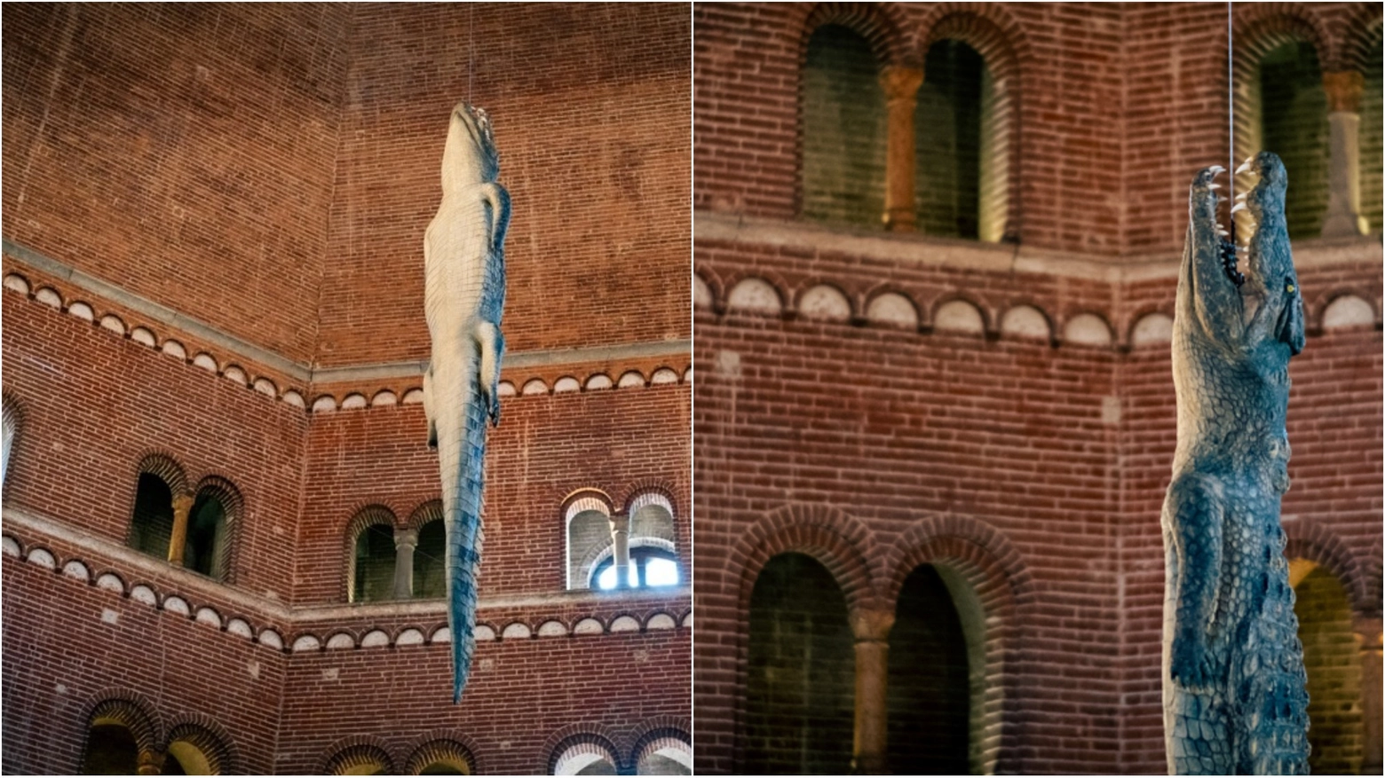 Il coccodrillo di Maurizio Cattelan nel battistero di Cremona