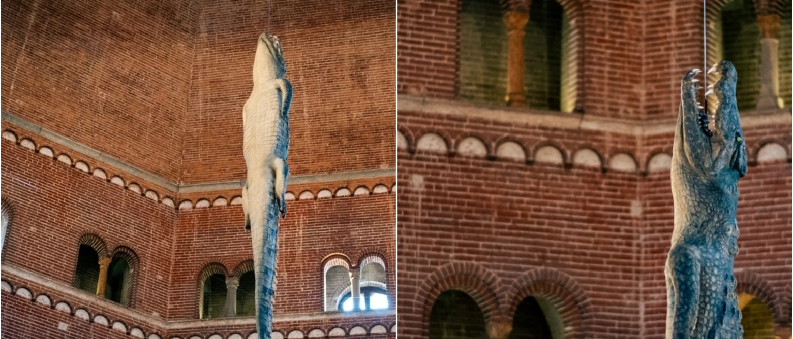 Cremona, un coccodrillo appeso al centro del Battistero: fa discutere l’opera di Cattelan