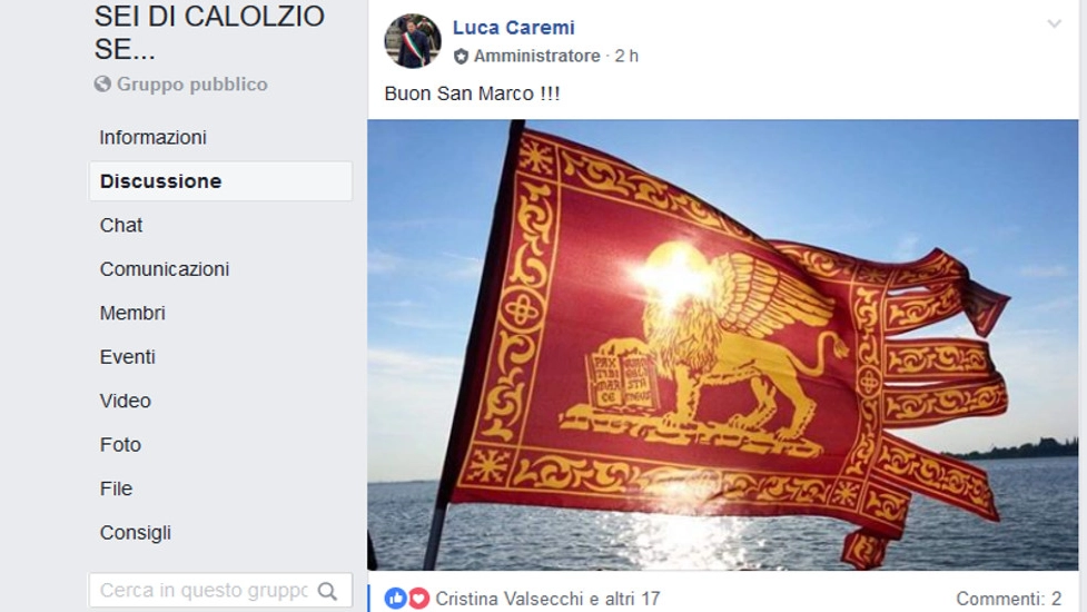 L'assessore alla Sicurezza Luca Caremi ha postato la bandiera della Serenissima al posto del Tricolore