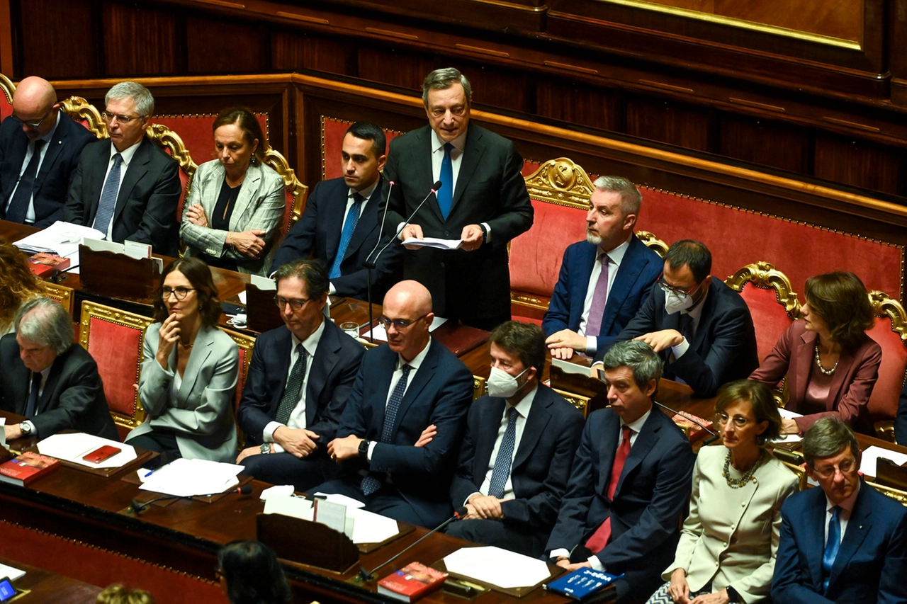 Draghi durante il suo intervento al Senato