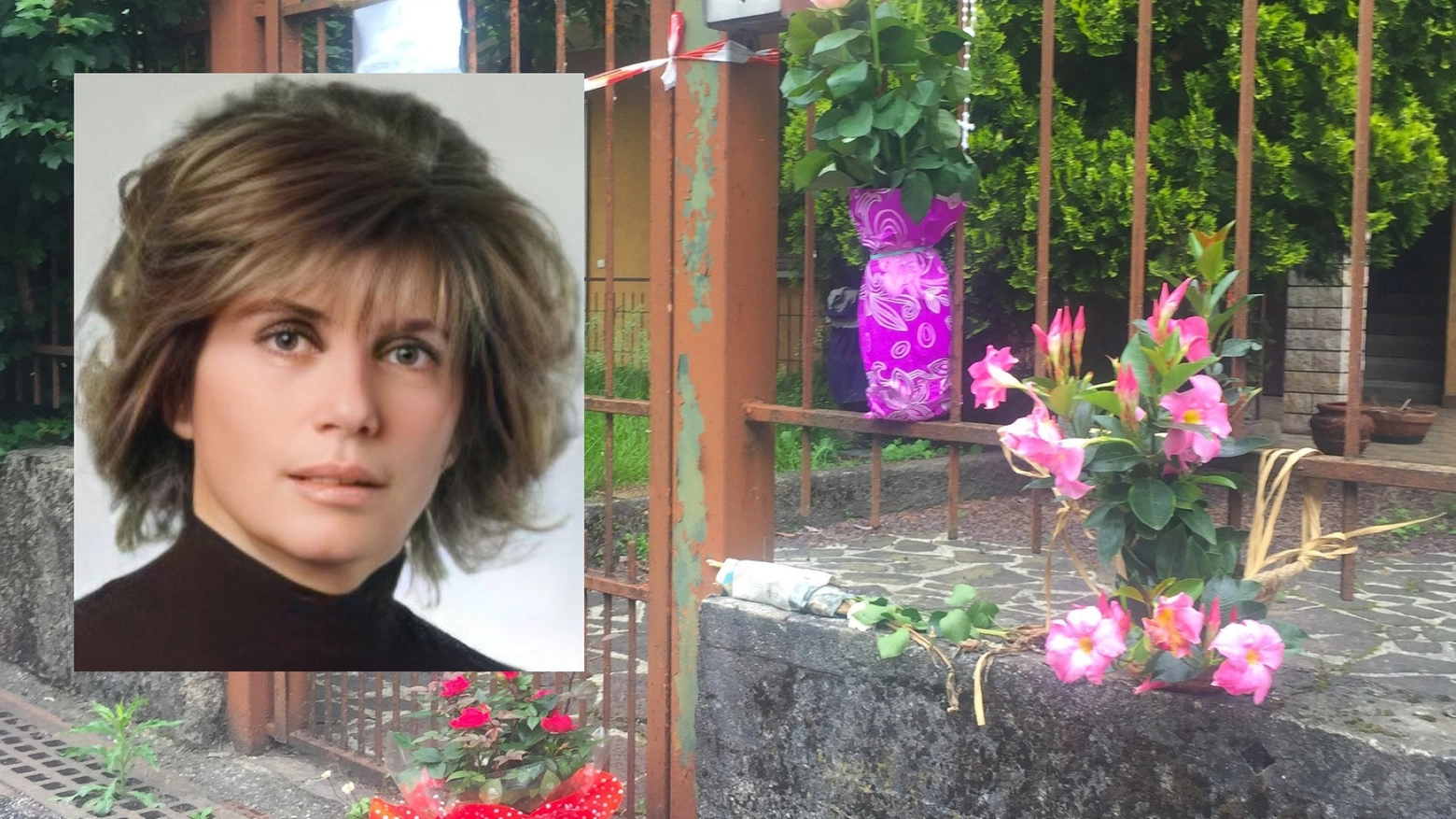 Stefania Rota e l'ingresso della sua casa di Mapello dove sono stati deposti dei fiori in sua memoria