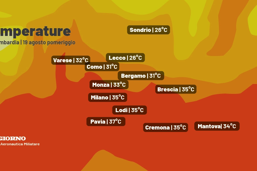 Le temperature previste in Lombardia per il pomeriggio di sabato 19 agosto dall'Aeronautica militare