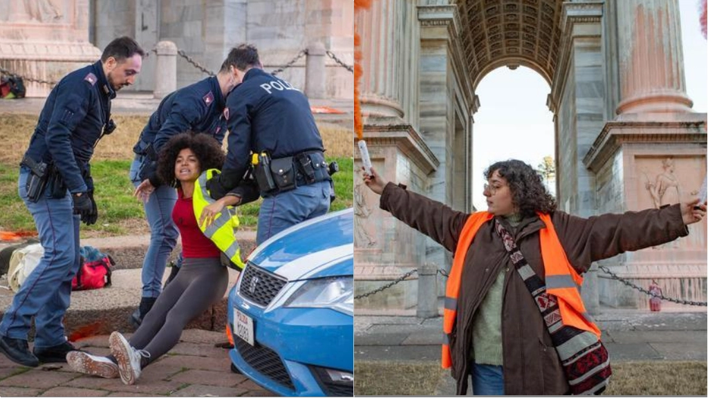 Attivisti di Ultima Generazione imbrattano l'Arco della Pace a Milano