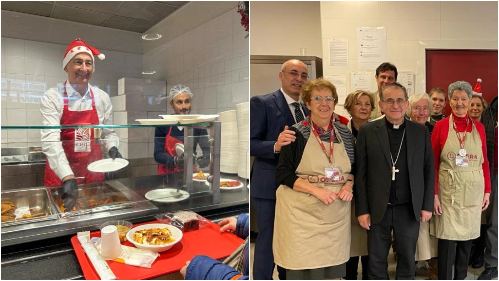 Beppe Sala serve il pasto alla mensa dei poveri; monsignor Mario Delpini tra i volontari dell'Opera Cardinal Ferrari