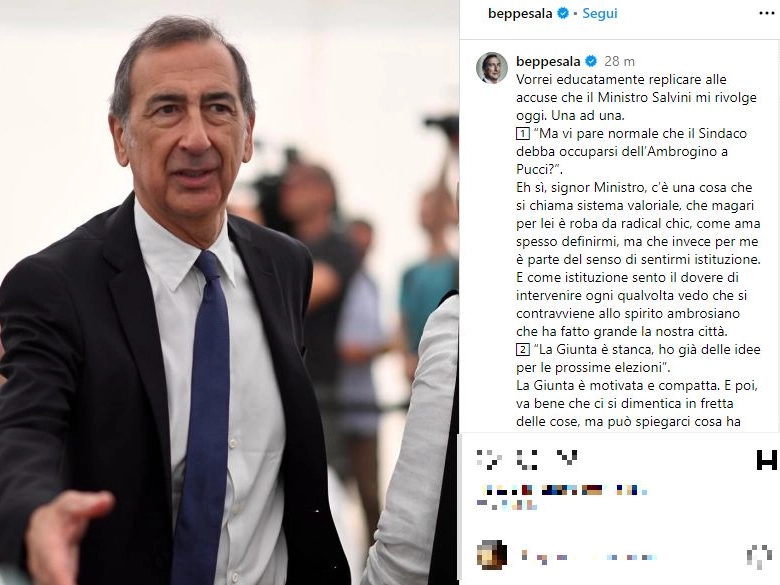 Il post Instagra del sindaco Giuseppe Sala