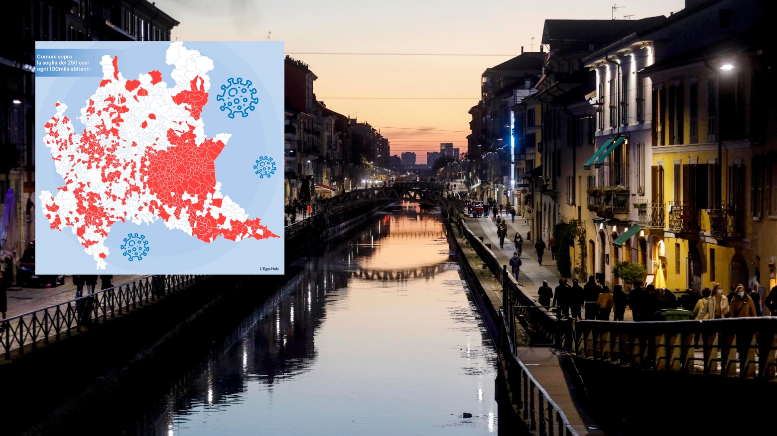 I Navigli di Milano, nel riquadro la mappa dei casi in Lombardia