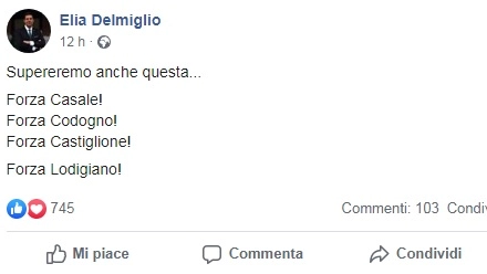 Il post del sindaco di Casalpuserlengo Elia Delmiglio (foto Facebook)