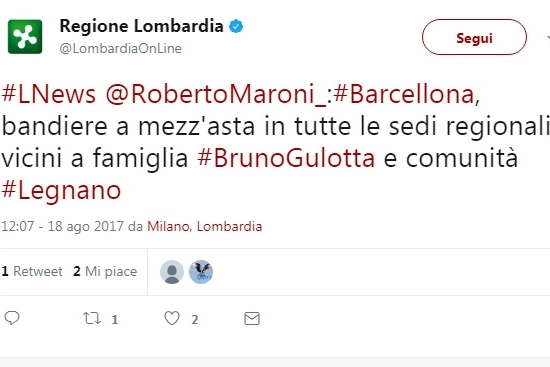 Il tweet di Regione Lombardia 