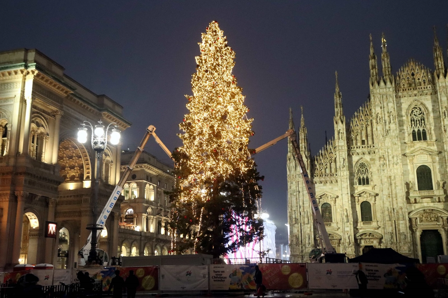 L'allestimento dell'albero in piazza Duomo