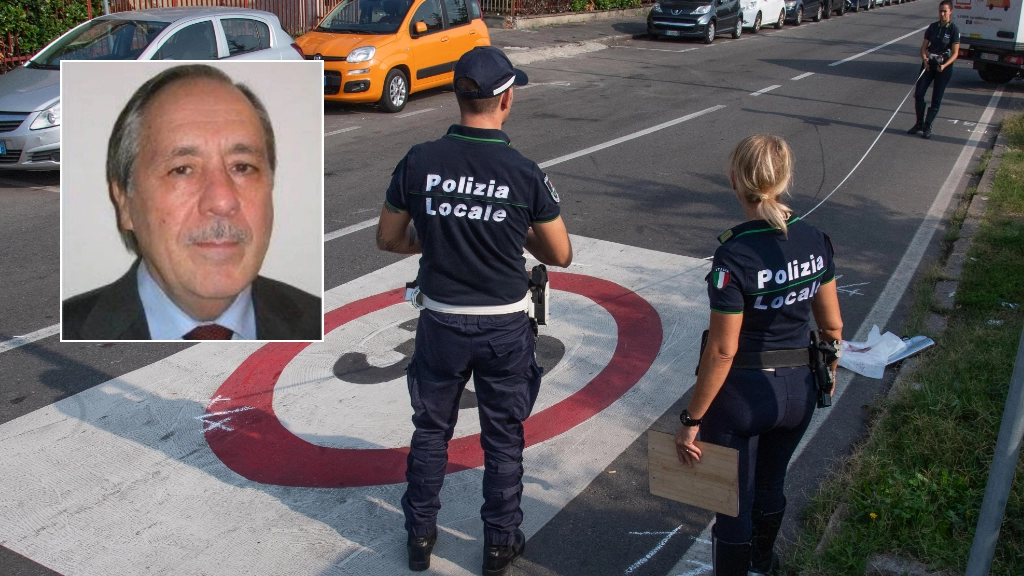 I rilievi della Polizia locale sul luogo dell'incidente in via Palmanova. Nel riquadro, la vittima Tommaso Pignataro