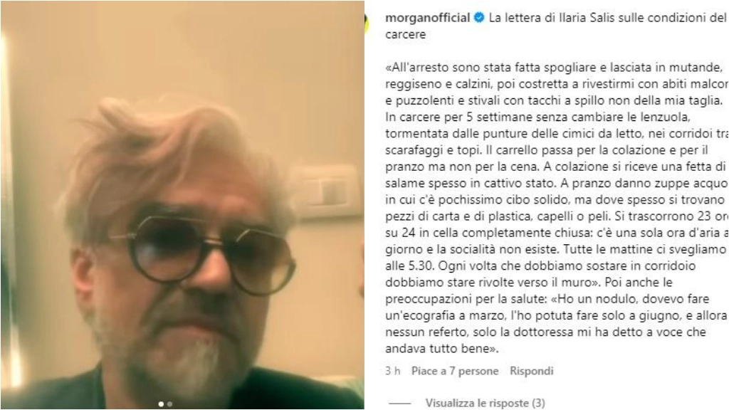 Morgan nel video e il testo della lettera di Ilaria Salis su Instagram