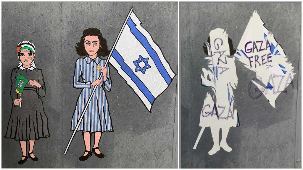 L'opera di aleXsandro Palombo e, a destra, la figura di Anna Frank vandalizzata