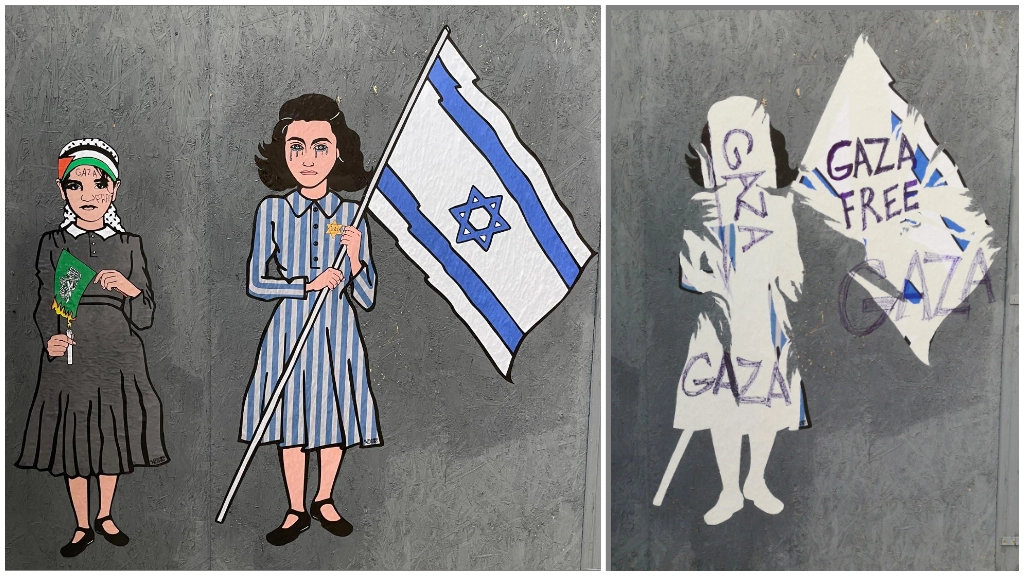 L'opera di aleXsandro Palombo e, a destra, la figura di Anna Frank vandalizzata L'opera di aleXsandro Palombo e, a destra, la figura di Anna Frank vandalizzata