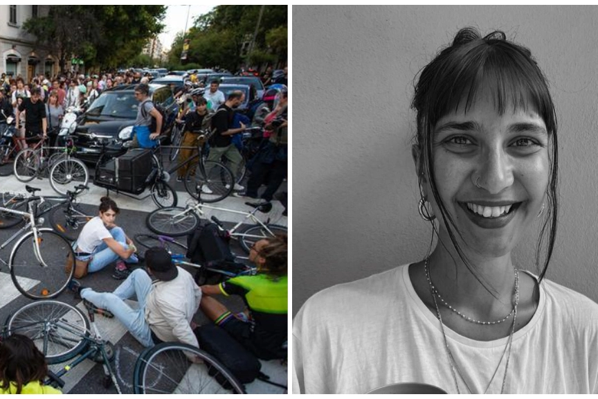 Il flash mob dei ciclisti milanesi nel punto dell'incidente. A destra, Francesca Quaglia