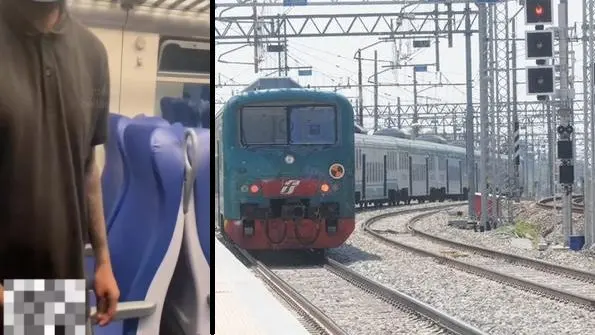 Frame video del molestatore (Instagram Milanobelladadio) e un treno regionale
