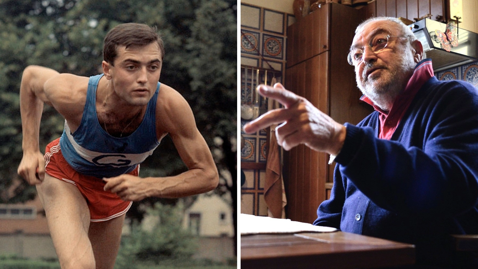 Il velocista Sergio Ottolina, in una foto nel 1964 e in un'altra del 2016
