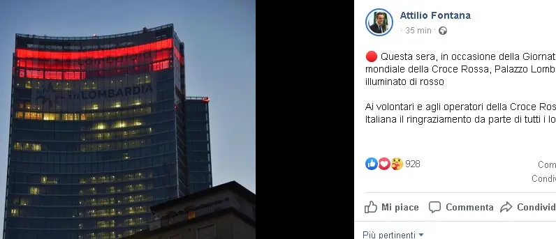 Palazzo Lombardia si illumina di rosso: "Il nostro grazie alla Cri"