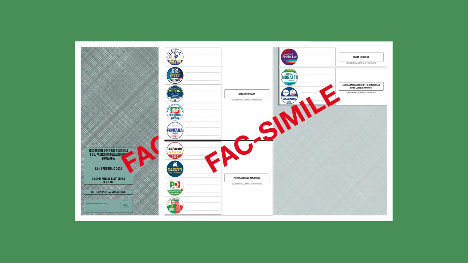 Immagine e pdf di tutte le schede delle varie circoscrizioni e province dove sono indicati i candidati presidente e le liste che li sostengono