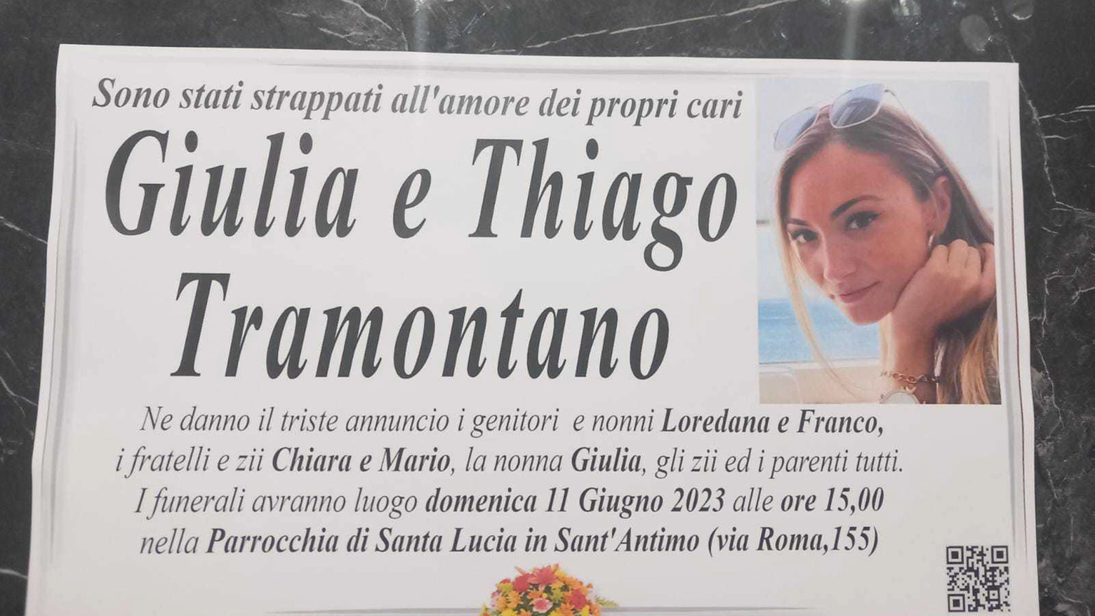 L'annuncio funebre del funerale di Giuglia Tramontanbo e di Thiago